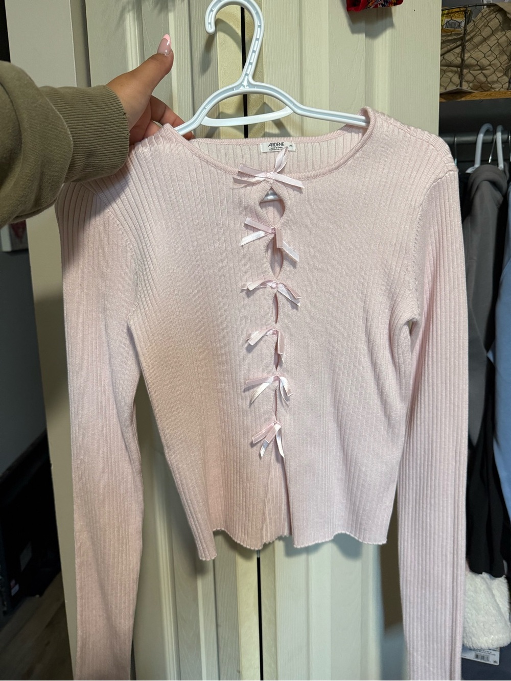 Ardene Pale Pink Ribbed Long-Sleeve Top with Front Bow Accents